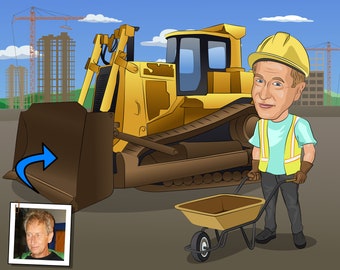 Retrato de caricatura de operador de excavadora personalizado a partir de una foto (archivo digital)