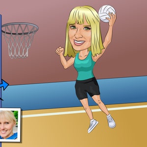 Cadeau korfbalspeler: aangepaste karikatuur van foto, korfbalcadeaus