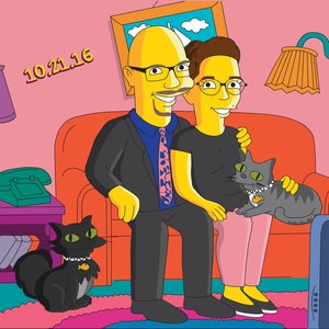 May include: A cartoon illustration of a couple sitting on a sofa with a cat. The man is wearing a suit and tie, and the woman is wearing a black shirt and pink trousers. The cat is sitting on the woman's lap. The date 10.21.16 is written on the wall behind them.
