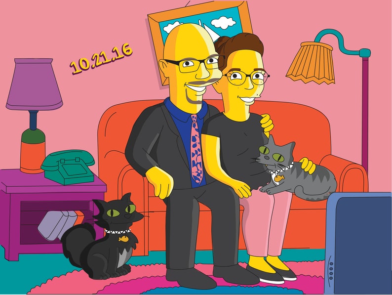 May include: A cartoon illustration of a couple sitting on a sofa with a cat. The man is wearing a suit and tie, and the woman is wearing a black shirt and pink trousers. The cat is sitting on the woman's lap. The date 10.21.16 is written on the wall behind them.