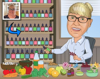 May include: A caricature of a woman with blonde hair and glasses holding a small bottle. She is standing in front of a shelf with many bottles. There are various fruits and vegetables on the table in front of her, including apples, oranges, carrots, and broccoli.