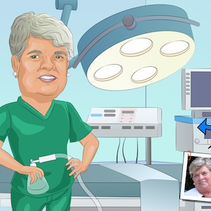 Puede incluir: Una ilustración de dibujos animados de una enfermera en una bata y pantalones verdes de pie en una sala de operaciones de un hospital. La sala tiene una luz quirúrgica, un monitor médico y un carro médico. Una foto de una mujer con una camisa blanca está en el carro médico.