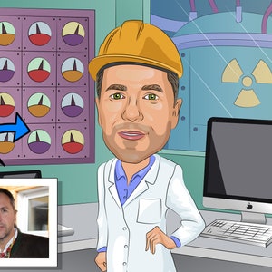 Könnte beinhalten: Eine Cartoon-Illustration eines Mannes mit gelbem Helm und weißem Laborkittel, der vor einem Kontrollpanel mit Messgeräten und einem Computer steht. Der Hintergrund zeigt einen großen, grünen Tank mit einem Strahlungssymbol.