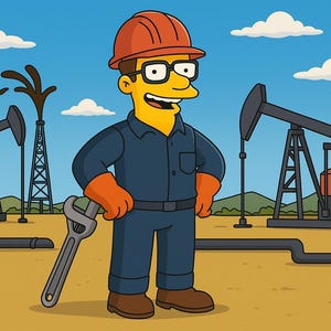 Op de afbeelding: Cartoon illustratie van een man in een oranje helm, bril en werkkleding, met een moersleutel. Olieboortorens en pijpleidingen zijn op de achtergrond, met een blauwe lucht en wolken. De man glimlacht.