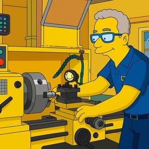 以下が含まれることがあります： 黄色い旋盤を操作する男性の漫画イラスト。機械にはデジタルディスプレイがあります。男性は青いメガネと青いシャツを着ています。背景は黄色のワークショップです。