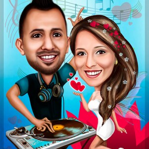 K&ouml;nnte beinhalten: Eine Karikatur eines Paares, ein Mann mit Irokesenschnitt und Kopfh&ouml;rern und eine Frau mit langen braunen Haaren, in einer romantischen Umgebung mit Musiknoten und Herzen. Der Mann spielt eine Schallplatte auf einem Plattenspieler.