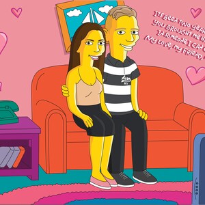 May include: A cartoon illustration of a couple sitting on a red sofa. The woman is wearing a yellow dress and the man is wearing a striped shirt. The text in the image reads: "ITS Been TWO YEARS OF BLISS, YOU BROUGHT ME HAPPINESS, In Someone I CAN CALL, My Love, My FRIEND, MY ALL."
