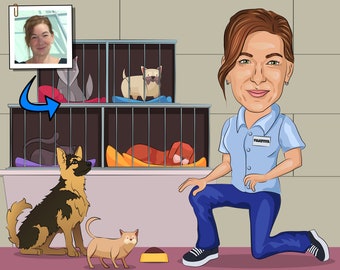 Animal Shelter Gift - Custom Caricature Portrait From Your Photo, Animal Rescue Volunteer
