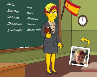 Spanish Teacher Gift - Custom Portrait as Yellow Cartoon Character / Spanish professor gift