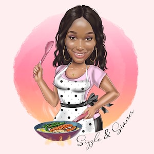 May include: A cartoon illustration of a woman wearing a pink shirt and a black and white polka dot apron, holding a spatula and a frying pan with food cooking in it. The text "Sizzle & Simmer" is written below the image.