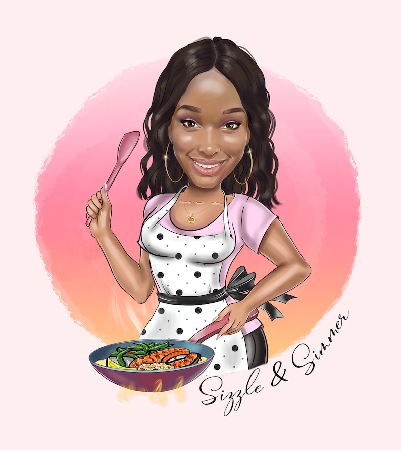 May include: A cartoon illustration of a woman wearing a pink shirt and a black and white polka dot apron, holding a spatula and a frying pan with food cooking in it. The text "Sizzle & Simmer" is written below the image.
