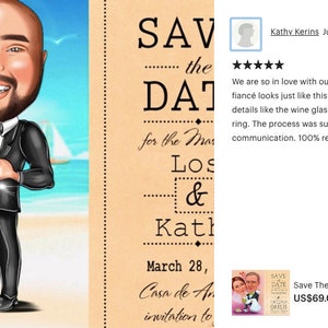 Puede incluir: Ilustraci&oacute;n de dibujos animados de una pareja con atuendo de boda, sosteniendo copas de vino. El fondo muestra una escena de playa. El texto de la invitaci&oacute;n dice "SAVE THE DATE" e incluye los nombres y la fecha de la boda.