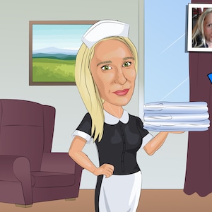 Hotel Chambermaid Gift - Custom Caricature Portrait From Photo, cleaning lady gift
