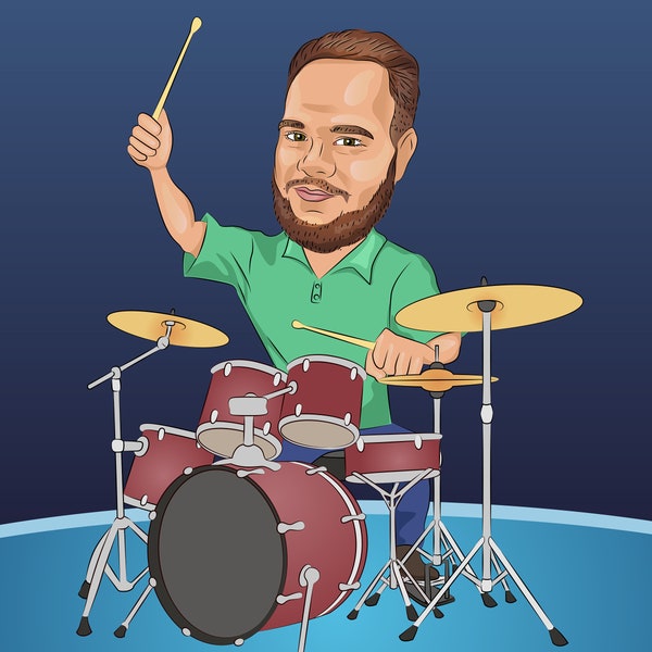 Cadeau batteur - Portrait caricature personnalisé à partir de votre photo / cadeau percussionniste