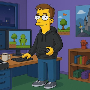 May include: Illustration of a person in a black hoodie and blue jeans holding a game controller. The person is in a room with two computer monitors, a VR headset, and a bookshelf with games and figurines. The background shows a night scene.
