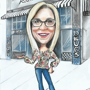 May include: A caricature of a woman standing in front of a storefront with the sign "Richards Drug" above the entrance. The woman is wearing a floral blouse, blue jeans, and sneakers. She is smiling and gesturing with her right hand.