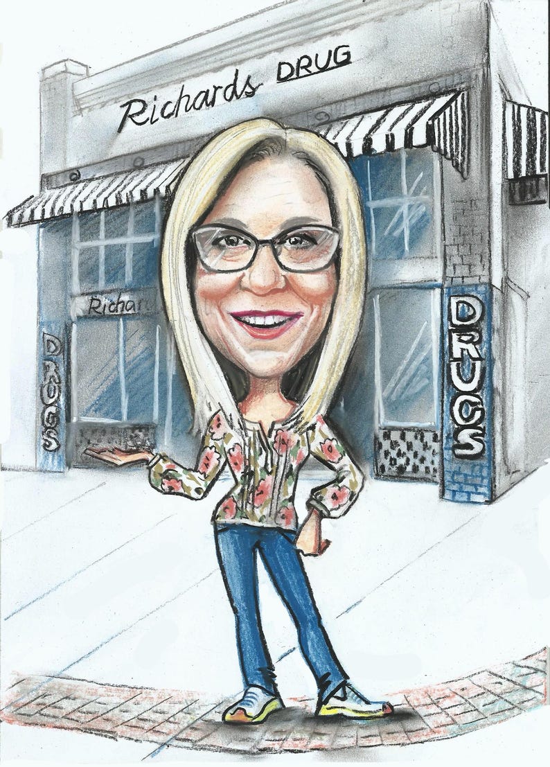 May include: A caricature of a woman standing in front of a storefront with the sign "Richards Drug" above the entrance. The woman is wearing a floral blouse, blue jeans, and sneakers. She is smiling and gesturing with her right hand.