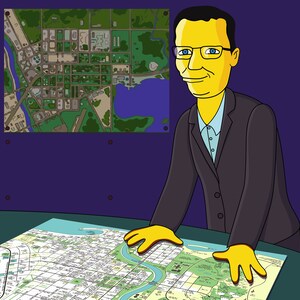 May include: A man with yellow skin and blue eyes is standing behind a table with a large map spread out on it. The map is a detailed aerial view of a city with roads, buildings, and parks. The man is wearing a black suit and a blue shirt. He is looking at the map with a serious expression on his face.