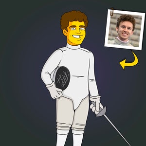Fencing Gift - Custom Portrait as Cartoon Character / fencing teacher gift / fencing coach gift /fencer gifts /fencing sport foil épée sabre