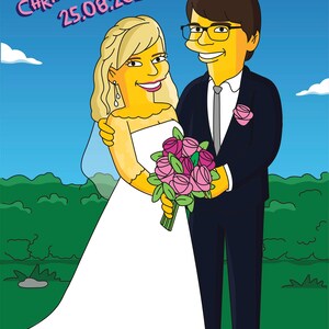 May include: A cartoon illustration of a wedding couple. The bride is wearing a white dress and holding a bouquet of pink flowers. The groom is wearing a black suit and a blue tie. The text "CHRISTINA & DOMINIQUE 25.08.2017" is written in pink at the top of the image.