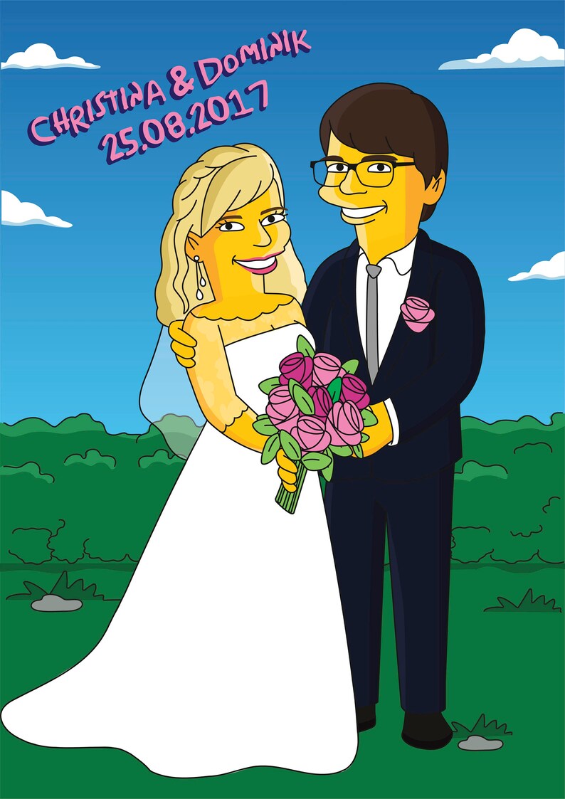May include: A cartoon illustration of a wedding couple. The bride is wearing a white dress and holding a bouquet of pink flowers. The groom is wearing a black suit and a blue tie. The text "CHRISTINA & DOMINIQUE 25.08.2017" is written in pink at the top of the image.