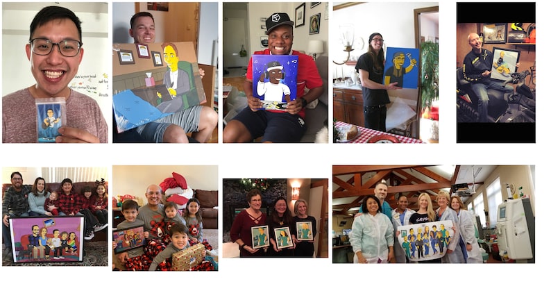 May include: A collection of photos showing people holding custom cartoon portraits of themselves and their loved ones. The portraits are drawn in a colorful, cartoon style and feature various backgrounds and poses.