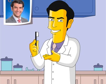 May include: A cartoon dentist with yellow skin and black hair is holding a toothbrush in his right hand. He is wearing a white lab coat and a purple shirt. He is smiling and looking at the camera.