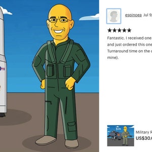 May include: Cartoon illustration of a man in a green flight suit standing next to a white missile with "US AIR FORCE" printed on it. The man has yellow skin and is wearing glasses. The background is a blue sky.