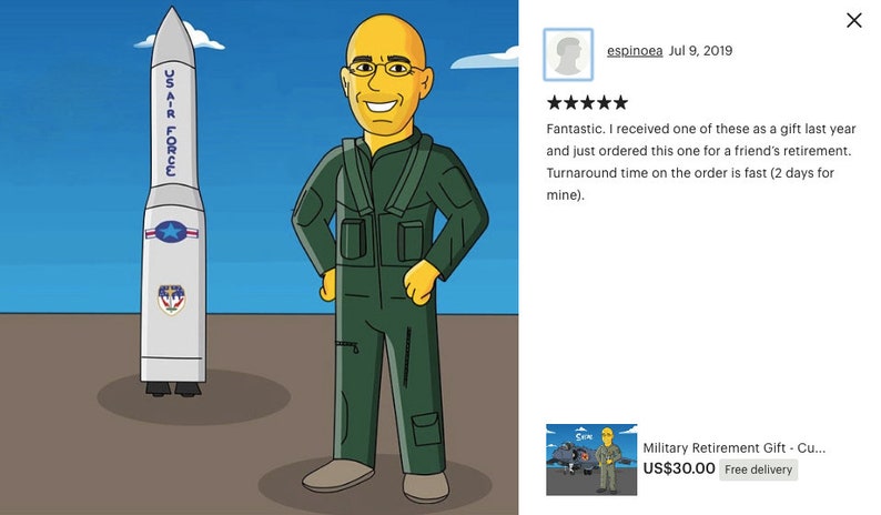 May include: Cartoon illustration of a man in a green flight suit standing next to a white missile with "US AIR FORCE" printed on it. The man has yellow skin and is wearing glasses. The background is a blue sky.