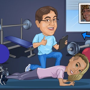 Peut inclure: Une illustration de dessin animé d'un entraîneur personnel portant une chemise bleue et un jean, donnant un pouce en l'air à une personne faisant un exercice de planche sur un tapis bleu. L'entraîneur tient un presse-papiers et il y a des poids et un banc en arrière-plan.