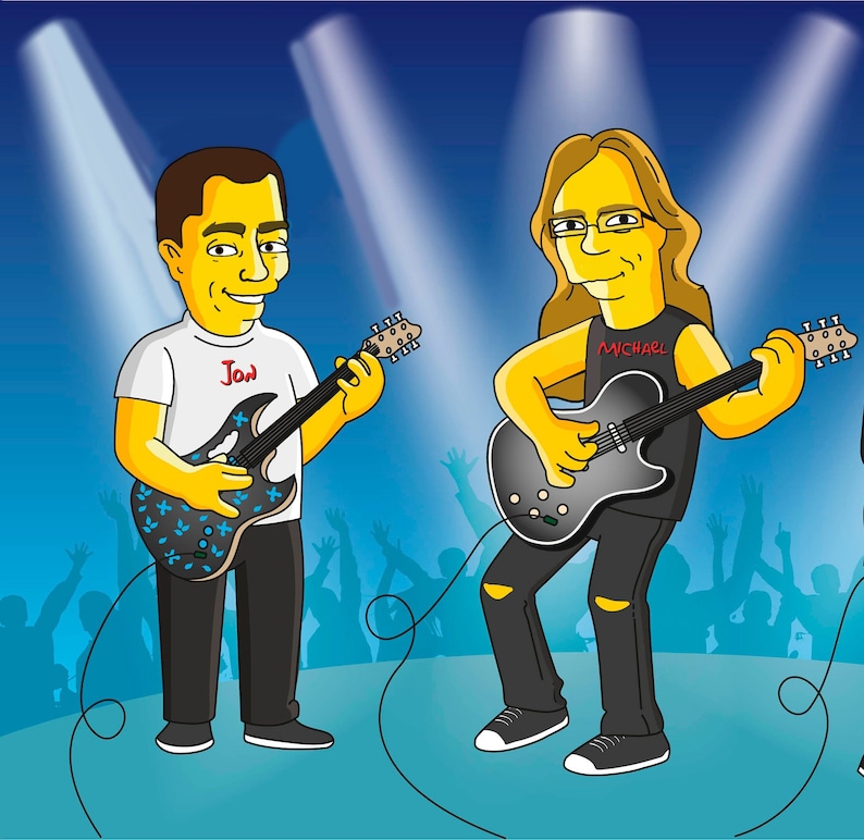 May include: Two cartoon musicians playing electric guitars on a stage. The musician on the left is wearing a white shirt with the name "Jon" written on it. The musician on the right is wearing a black tank top with the name "Michael" written on it.
