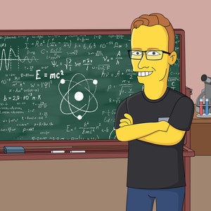 May include: A cartoon illustration of a person with yellow skin and brown hair wearing glasses and a black t-shirt standing in front of a green chalkboard with scientific formulas and an atom diagram. There is a microscope and beakers on a table to the right of the person.