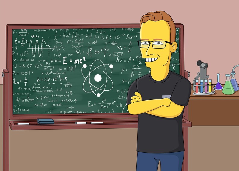 May include: A cartoon illustration of a person with yellow skin and brown hair wearing glasses and a black t-shirt standing in front of a green chalkboard with scientific formulas and an atom diagram. There is a microscope and beakers on a table to the right of the person.