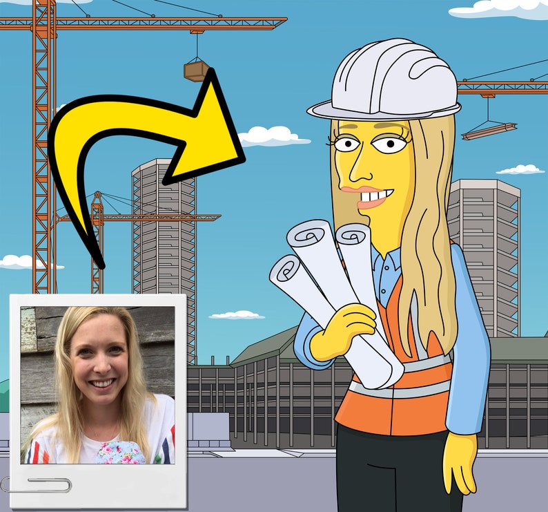 May include: A cartoon illustration of a woman wearing a white hard hat and an orange safety vest. She is holding blueprints and standing in front of a construction site.