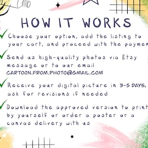 May include: A colorful graphic with a checklist of steps on how to order a custom cartoon portrait. The steps include choosing an option, adding the listing to your cart, sending high-quality photos, receiving your digital picture in 3-5 days, and downloading the approved version to print or order a poster or canvas delivery.