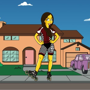 May include: A yellow cartoon character wearing a red and black racing outfit and rollerblades, standing in front of a house with a purple car in the driveway.