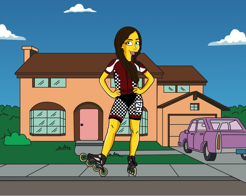 May include: A yellow cartoon character wearing a red and black racing outfit and rollerblades, standing in front of a house with a purple car in the driveway.