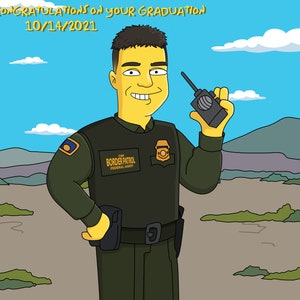 May include: A cartoon illustration of a person wearing a green uniform with a yellow badge that says "CBP BORDER PATROL FEDERAL AGENT". The person is holding a walkie-talkie in their right hand. The background is a cartoon landscape with a blue sky and clouds.