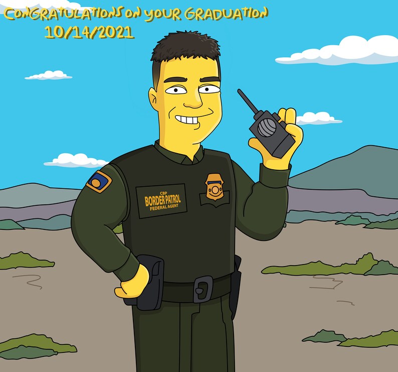 May include: A cartoon illustration of a person wearing a green uniform with a yellow badge that says "CBP BORDER PATROL FEDERAL AGENT". The person is holding a walkie-talkie in their right hand. The background is a cartoon landscape with a blue sky and clouds.