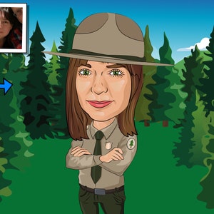 Regalo de guardabosques: caricatura personalizada a partir de una foto, aprendiz de guardabosques, servicio forestal