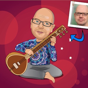 Sitar Player Gift - Custom Cartoon Portrait / Sitar gift