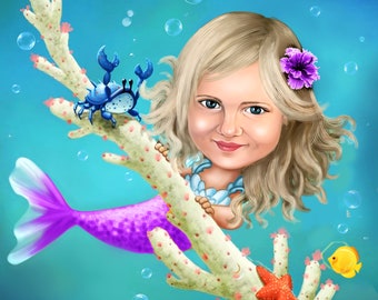 Custom Mermaid Portrait / Ariel Portrait Mermaid Party Ideas / Mermaid Gifts for Women /Mermaid Birthday Gift Little Mermaid Gifts for Girls