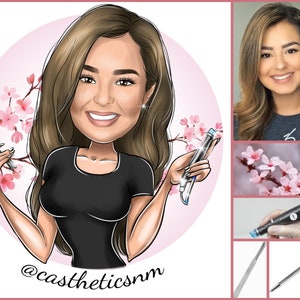 May include: A cartoon illustration of a woman holding two medical devices. The woman is wearing a black shirt and has long brown hair. The background is pink with cherry blossoms. The text "@castheticsnm" is at the bottom of the image.