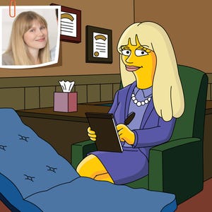 May include: A cartoon therapist with yellow skin and long blonde hair sits in a green chair. She is wearing a purple blazer and a white pearl necklace. She is holding a brown notepad and a pen in her right hand. She is looking at the notepad. There is a couch in the foreground with blue upholstery and a tissue box on a wooden table in the background.
