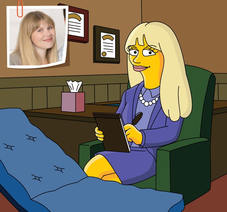 May include: A cartoon therapist with yellow skin and long blonde hair sits in a green chair. She is wearing a purple blazer and a white pearl necklace. She is holding a brown notepad and a pen in her right hand. She is looking at the notepad. There is a couch in the foreground with blue upholstery and a tissue box on a wooden table in the background.