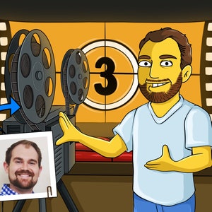 May include: A cartoon illustration of a person standing in front of a movie screen with a film projector. The screen has a countdown timer with the number "3" on it. The person is wearing a light blue shirt and blue jeans. The projector has two spools of film. A photo of a person is in front of the projector.