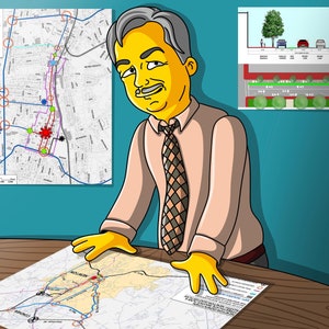 May include: A cartoon illustration of a man with gray hair and a yellow face, wearing a pink shirt and a checkered tie, looking at a map. The map is spread out on a wooden table. The man is pointing at the map with his right hand. There is a map on the wall behind him.