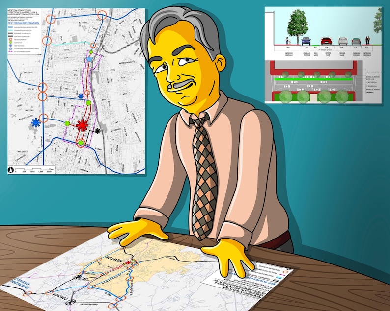 May include: A cartoon illustration of a man with gray hair and a yellow face, wearing a pink shirt and a checkered tie, looking at a map. The map is spread out on a wooden table. The man is pointing at the map with his right hand. There is a map on the wall behind him.
