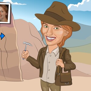 Può includere: Un'illustrazione di un cartone animato di una donna con un cappello e una giacca marroni, che tiene un martello da roccia e una borsa di pelle marrone. Lei è in piedi di fronte a una grande formazione rocosa con strati visibili.