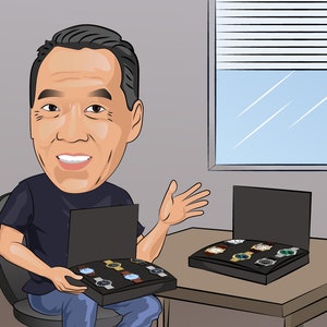 May include: A cartoon illustration of a person holding a black box with a variety of watches inside. The box is open and the watches are visible. The person is wearing a blue shirt and jeans. The background is a light gray color.